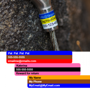 Three stripe, wide rectangular label with custom text applied to rock climbing gear